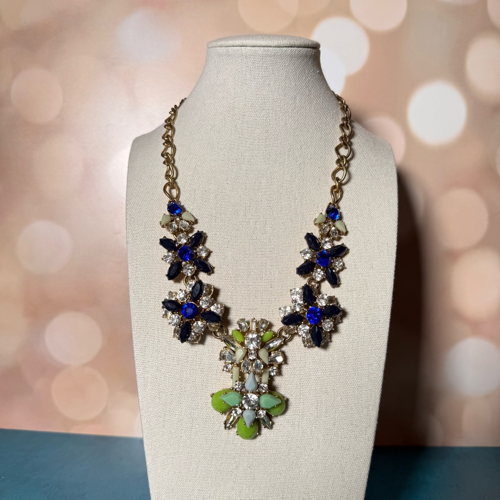 J. Crew Vintage-Style Statement Necklace Blue Floral Crystal Cluster Green Drop